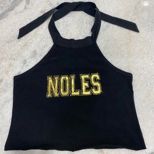 FSU black tie neck tank top with “noles” in gold size M